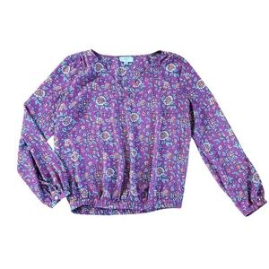 LOFT Outlet Womens Petite Small Purple Floral V-Neck Long Sleeve Blouse SP 134